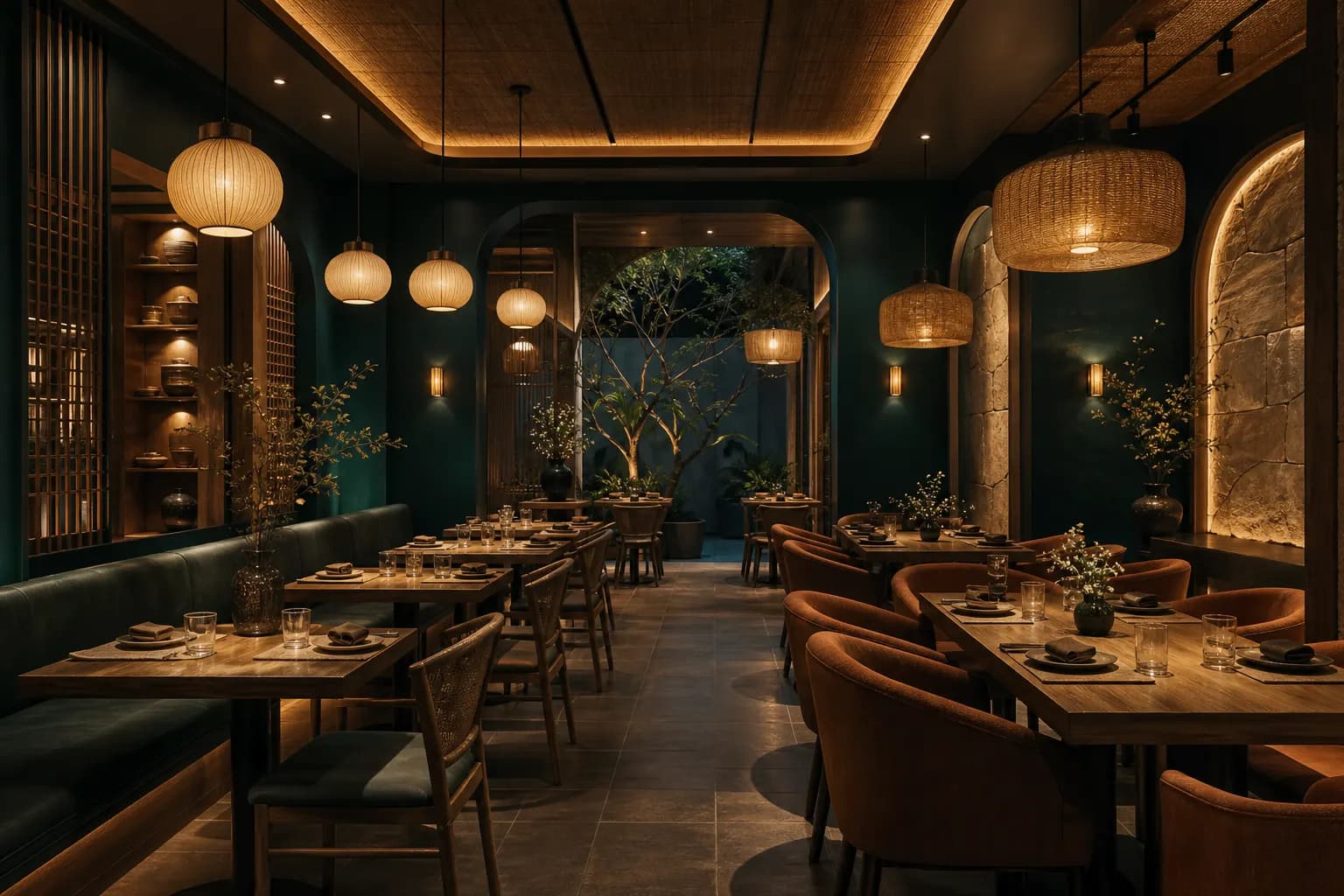 Nhà hàng cafe hiện đại với ánh sáng ấm và đèn thả
