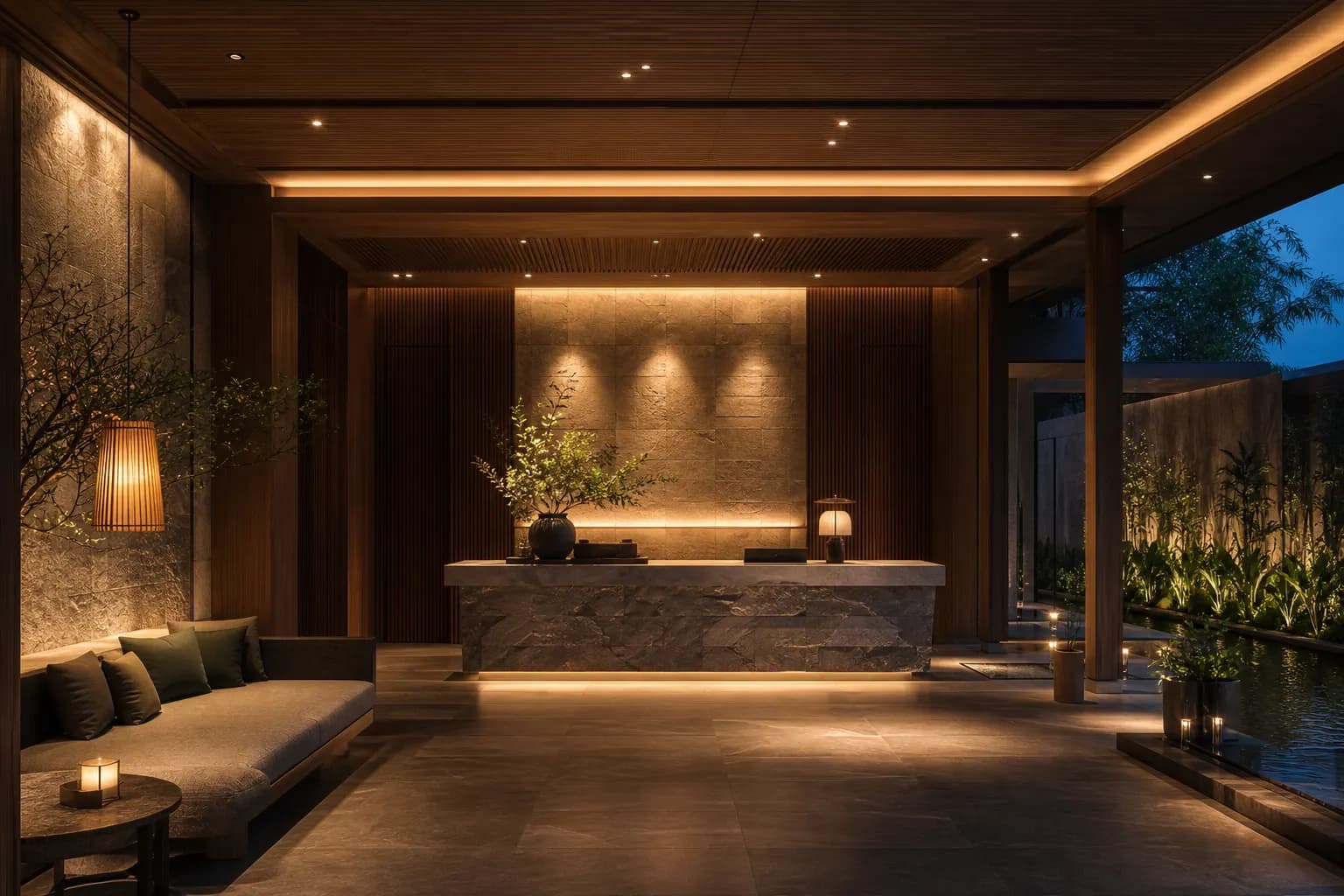 Sảnh khách sạn và resort boutique với ánh sáng kiến trúc ấm